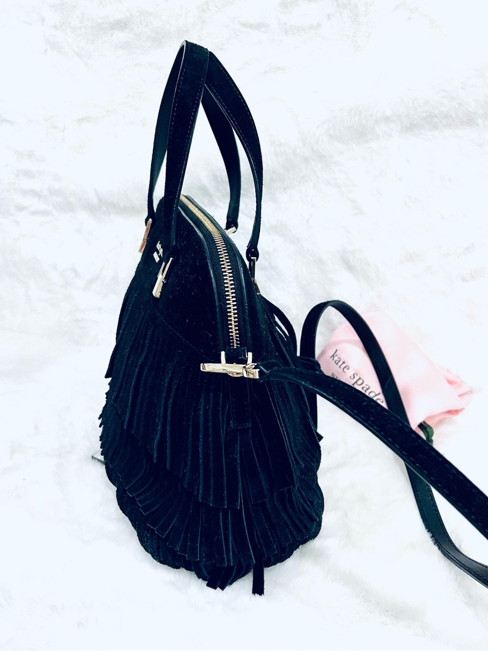 🔥 Kate Spade ♠️ Black Suede Fringe handbag gorgeous bag for fall & winter - Picture 5 of 8